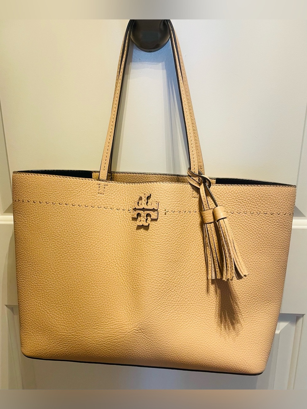 Tory Burch Pebbled Leather Tassel Tote in Tan
